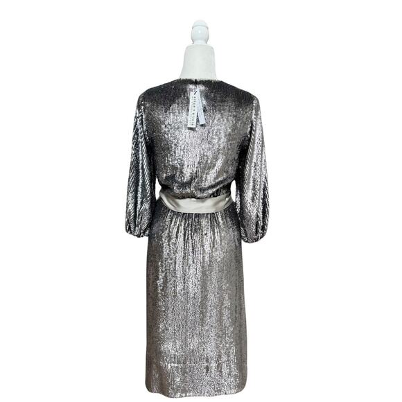 Alice + Olivia Anne Embellished Sequin Belted Wrap Dress Silver 0 NWT - Picture 6 of 10